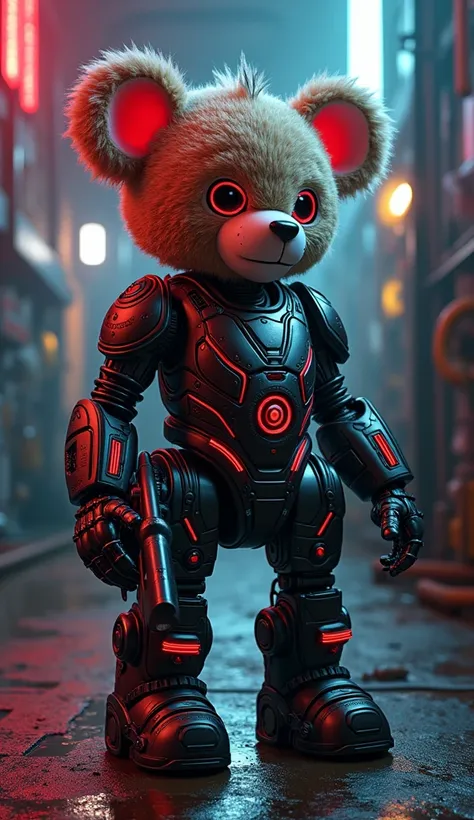 cyberpunk teddy bear, sci-fi, neons, mechanical armor, laser gun, mechanical red cybereyes, punkstyle hair, painted punkstyle hair,  hyperrealistic, 8k, intricate details, highly detailed, industrial style, glowing lights, sharp focus, volumetric lighting,...