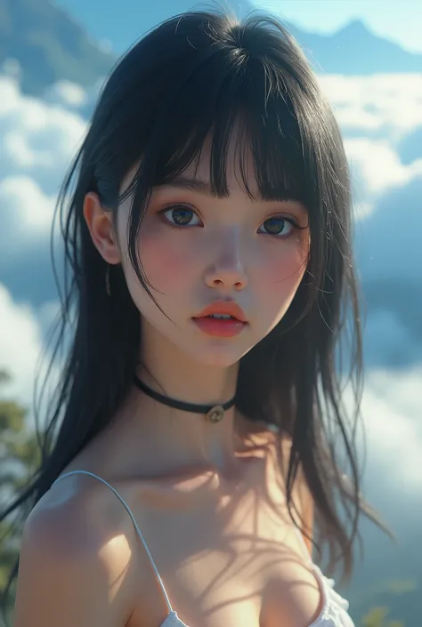 ((Top Quality)), ((Excellent)), (Details) ,((Nymph)),, Black hair, (Young face),((Straight hair)), Shiny hair, Girl, ((Small bust)),((Blue eyes)), Masterpiece, ((Nude)),((Close up)),((Highlights cleavage)), ((Topless)),Natural light, ((Sea of ​​clouds)), S...