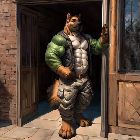 furry, anthro, german shepherd black:1.5, solo, male, standing with a AK 47 on the door looking slyly at the viewer:1.3, super detailed, military beige pants:1.4, detailed face, best art, 8k, vibrant, by taran fiddler:1.8, by RedRusker:1.8, art stile, perf...