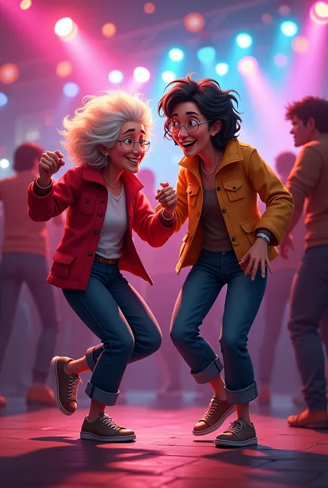 A picture of 2 grandmas: one small with blonde curls and the other with black short hair. They dance at a rave. Animation style 