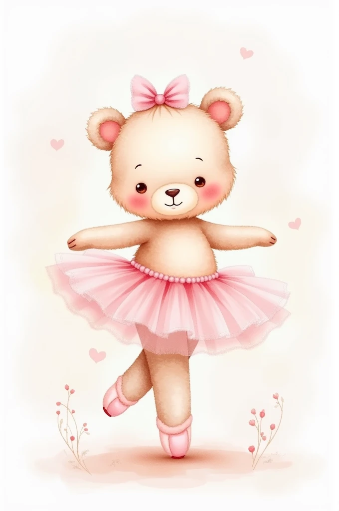 A watercolor drawing of a light pink ballerina bear with a bow on her head