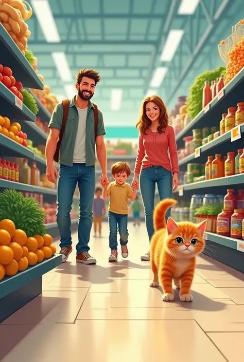 A cat with the family went to the supermarket