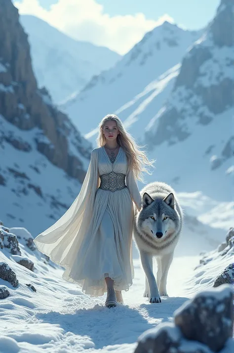 Create an AI image of a princess with a wolf walking in the middle of mountains full of snowCreate an AI image of a princess with a wolf walking in the middle of mountains full of snow