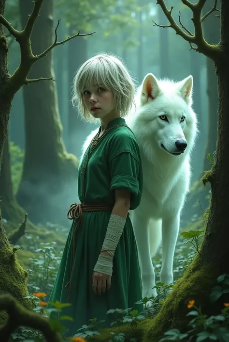 Wild forest bandaged girl with short white brown hair and a transparent wolf. She is wearing green clothes