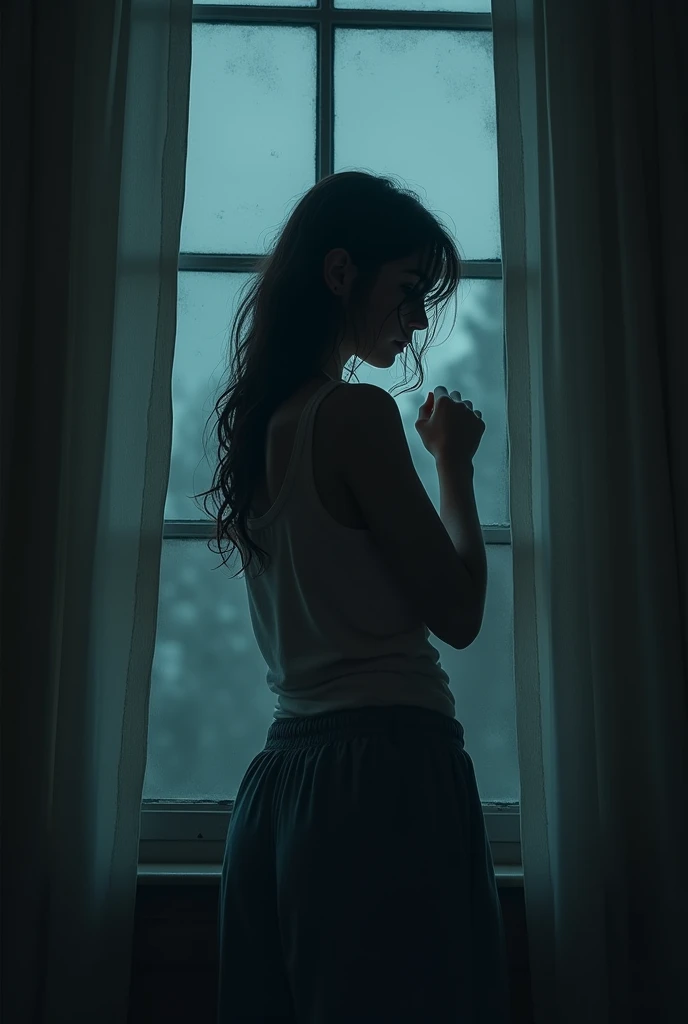 The woman stands near a window, nervously peeking through the curtains into the dark outside. The view outside is unclear, shadowy, and foreboding, giving the feeling that something or someone might be lurking in the darkness, just beyond her sight.

