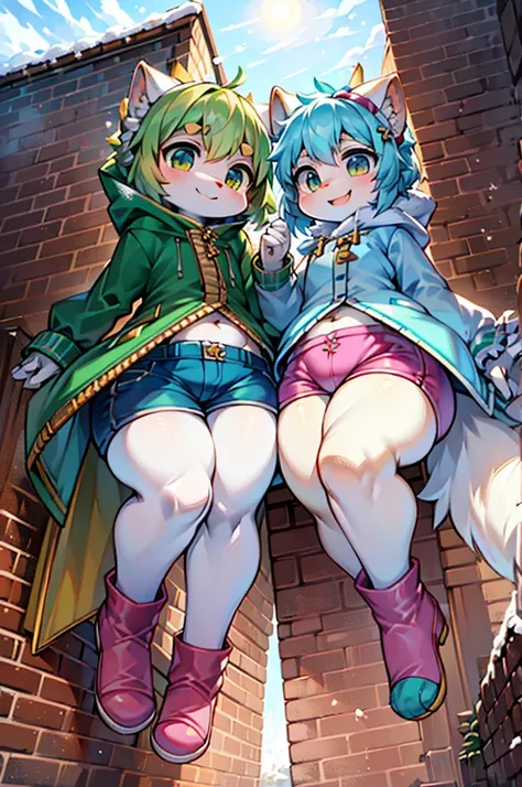 smile, Short light green hair with a hair accessory, and winter clothes with a light green striped jacket, Golden zipper, Blue shorts with white ruffle trim, Dark green leggings, Pink boots with white fur trim, Fluffy white earmuffs, Playful pose with one ...