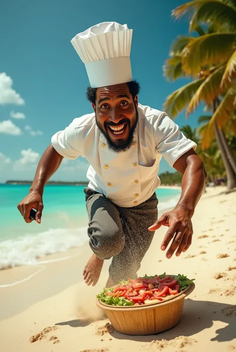 chef from the Dominican Republic (exaggerated portrayal, comical situation), (action-packed film scene), (sporting masterpiece), Caribbean sandy beach, palm trees, (real image), (detailed faces and bodies),