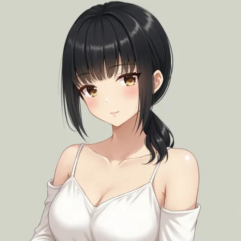 born、Japanese、woman、Black Hair、bangs、Upper Body、plain white dress、High resolution, masterpiece, Anatomically correct, Shortcuts, Low Ponytail, smile, 