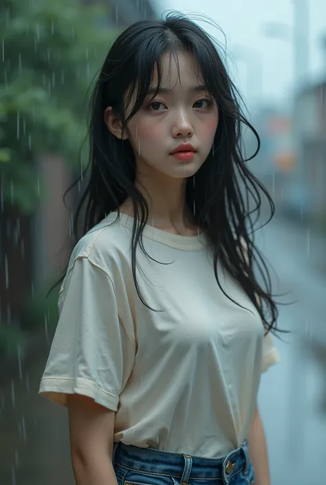 A medium shot of a cute, single young real Korean teenage girl with long black open hair she is playing in the rain . She is wearing t-shirt and jeans. She had a medium breast.  the background is soft blur cloudy rainy 