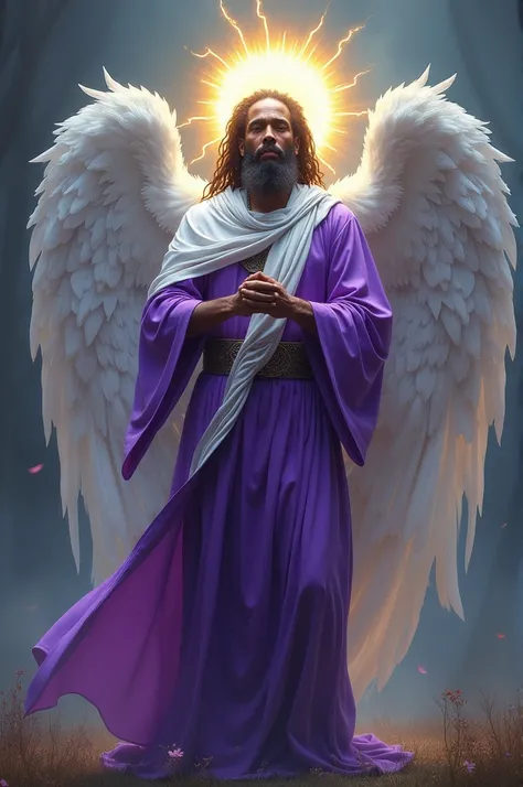 Rasta man in purple robes,white cloak,sun disk halo and white wings