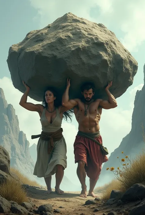 A woman and man carrying a mountain or hill
