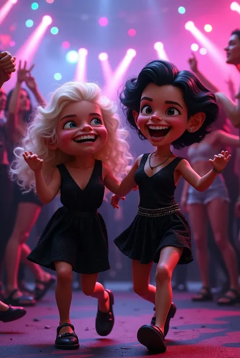 A picture of 2 grandmas: one small with blonde long curls and the other with jet black short hair. They rave at a rave with matching black outfits.make her look older. Animation Stil