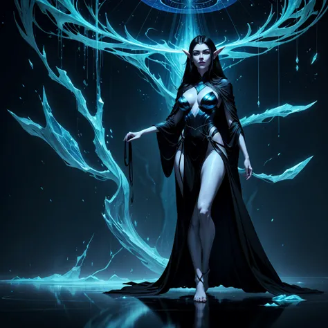 A tall elven woman with a striking and otherworldly appearance. She has long, sleek black hair that falls gracefully down her back, contrasting sharply with her porcelain-white skin, giving her an almost doll-like, unnatural quality. Her piercing blue eyes...