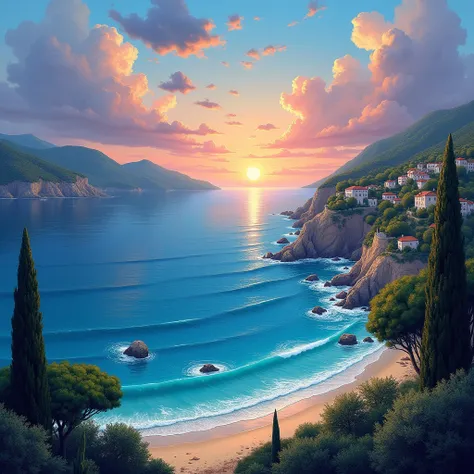 blue coast france, french coast landscape, Representative photograph of this beautiful tourist landscape, magical, masterpiece, painting awarded for its beauty, vivid and harmonious colors, Sunset, 32K