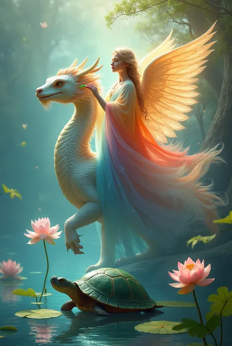 In the dreamlike painting, an angel in a flowing rainbow robe stands on the back of a large dragon, floating slowly across a rippling lake. The turtles shell is covered with lush lotus leaves, and the lotus flowers sway gently in the wind. The angel holds ...