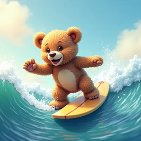 Teddy bear riding a wave on a surfboard, photorealistic, 