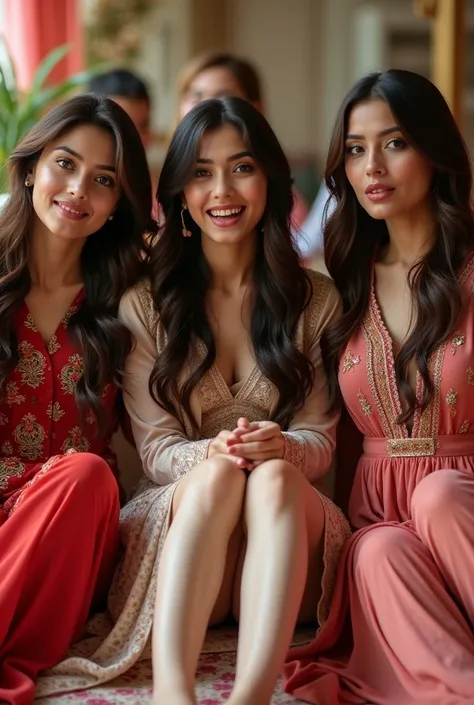 Group picture of beautiful Pakistani girls, 18 years of age,  sitting with feet at a wedding.  Wearing traditional dress,  leggings and stilettos. Large breasts. Open Mouth, shocked, 

Leggings and stillettos must be visible. 