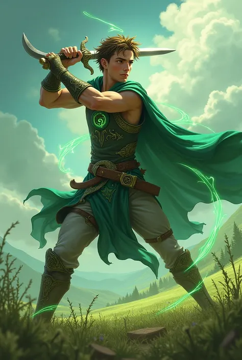 Make me a man in my 20s, magical swordsman with two swords and greenish wind powers