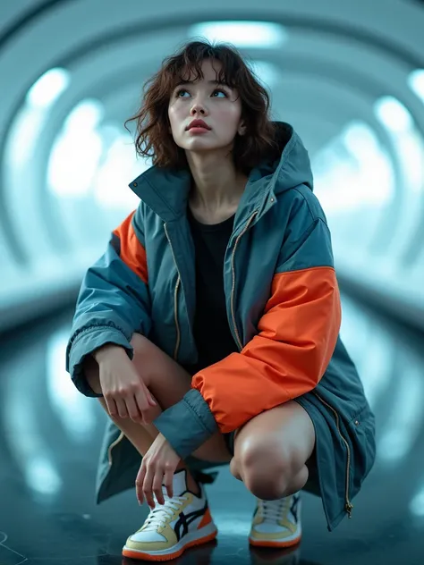 from below, Japanese woman, pretty face, curly bob hair, brown hair, blurred background, future tunnel in background, motion blur, chromatic aberration, knee height, upward glance, motion blur, Photo_Curly, multicolored  mountain Parker, short pants, real,...