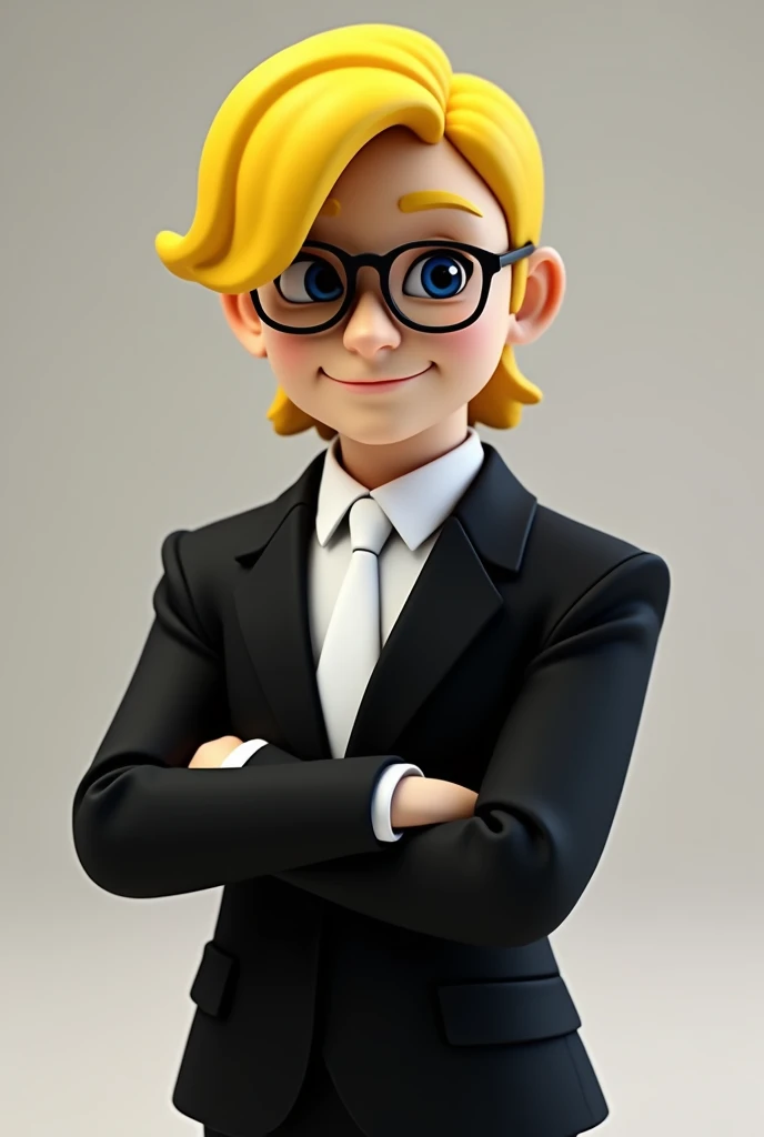 make me a roblox character with glasses yellow hair wearing a white tie black suit
