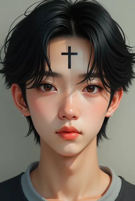 photorealistic,Asian people,Teenage boy&#39;s face looking straight ahead,A slightly long hairstyle with bangs to one side,On the middle of his forehead there is a small tattoo of a cross.