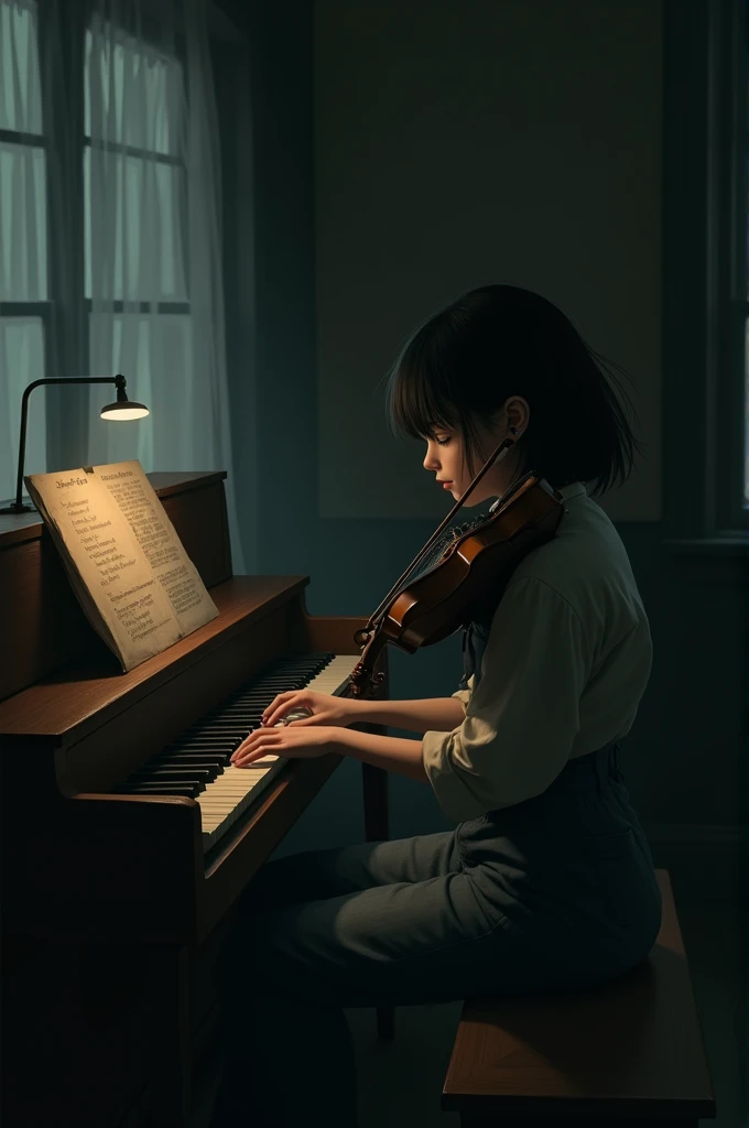 Picture sunny omori playing violin and piano with a gloomy vibe