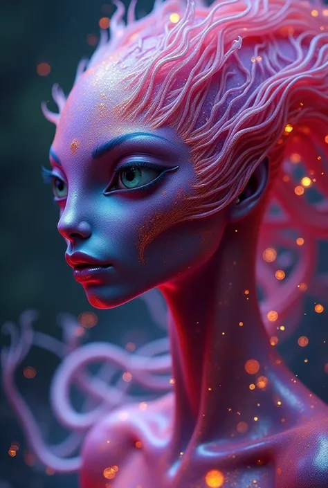 In this captivating, Photo, An otherworldly alien being inspired by Southeast Asia exudes mesmerizing beauty with its striking purple and red iridescent skin., capture the viewer&#39;s attention. Her subtle grey eyes have a lovely depth.., and his knowing ...