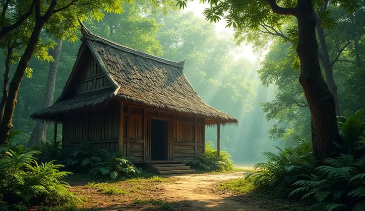 old Thai ancient hut in the middle of the forest but in day time without any light from the house 