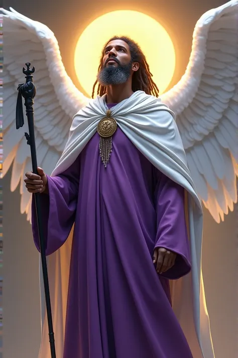 Rasta man in purple robes,white cloak,sun disk halo,white wings and black staff in left hand