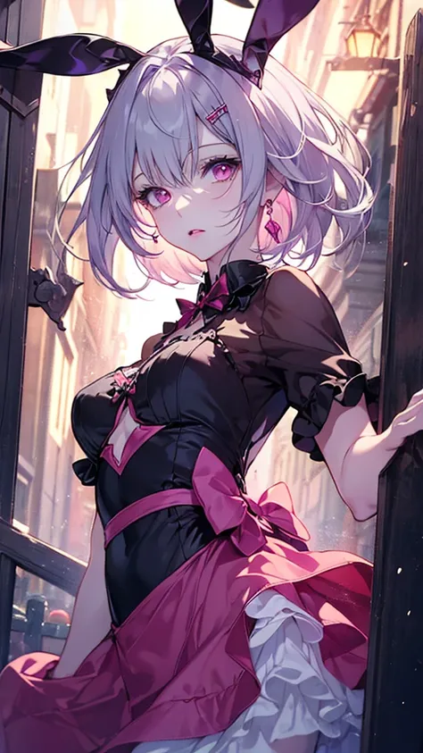 （Highest quality、High resolution、8k、mysterious、masterpiece：1.2）。Gatekeeper of Hell。In front of a gate that emits an evil aura、Halloween, Pumpkin,Anime she have a short silver hair, Pink long dress,Pink eyes,pink Bunny ears , beautiful face,,{{full body}}, ...