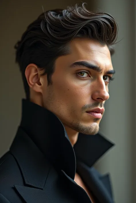 A handsome male with wheatish complexion, almond eyes, feathery eyebrows. face shape between square and oval, straight nose, cone shaped neck and lightning eyes