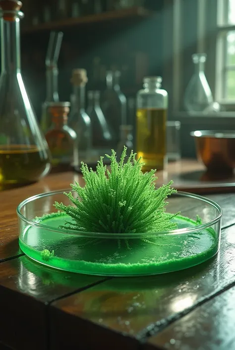 Close-up of a Petri dish with green mold in the center, surrounded by a clear zone where bacteria have been destroyed, with a 1920s-era laboratory in the background."