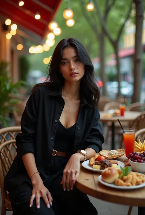 (Close-up of a better masterpiece:1.5)a black-haired woman, wearing a black oversized shirt, black tank top gold watch, black long skirt, sitting on a wooden table and chair, There is a variety of food and drinks,in an outdoor cafe full of tall trees, and ...