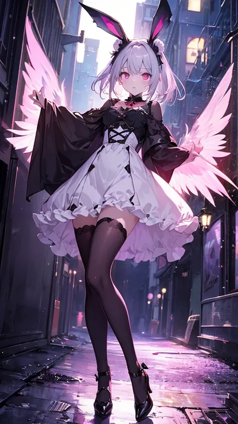 （Highest quality、High resolution、8k、mysterious、masterpiece：1.2）。Gatekeeper of Hell。In front of a gate that emits an evil aura、Halloween, Bat,Pumpkin,Anime she have a short silver hair, Pink long dress,Pink eyes,pink Bunny ears , beautiful face,,{{full body...