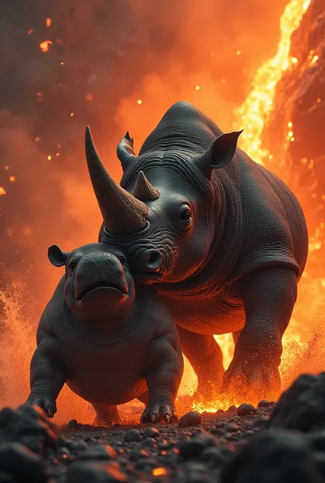  Lava background & Dangerous angry Rhinoceros killed the hippopotamus