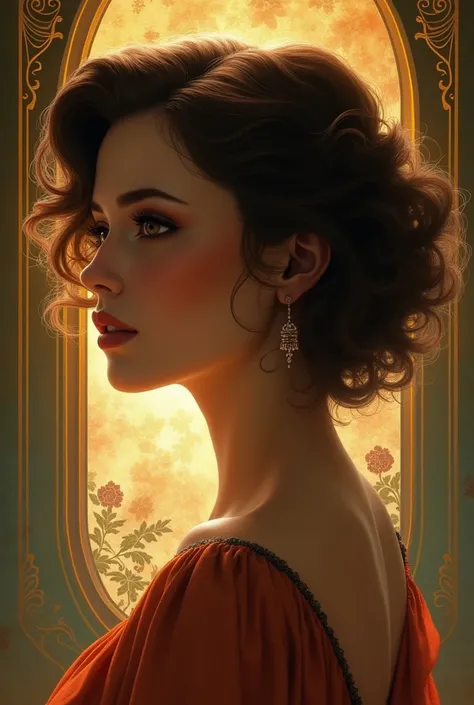 (photorealism:1.2), beautiful woman, only profil , short curly hair, indoors, soft lighting, crealistic, intricate details, warm colors, by Greg Rutkowski, by Alphonse Mucha