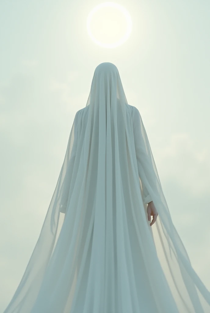 One person whose soul is going towards the sky person face should be hidden show back side and that should be covered with white dress and head should also be covered