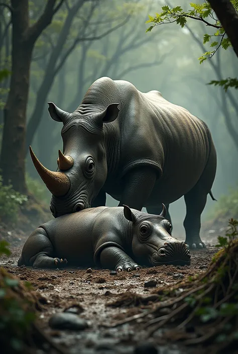  The forest mud background & Dangerous angry Rhinoceros killed the hippopotamus