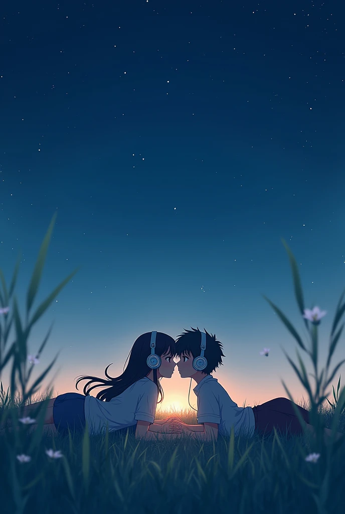 Couples(anime) laying down in the grass (night time) listening to music using headphones(girl and boy laying in opposite direction)(camera top view)