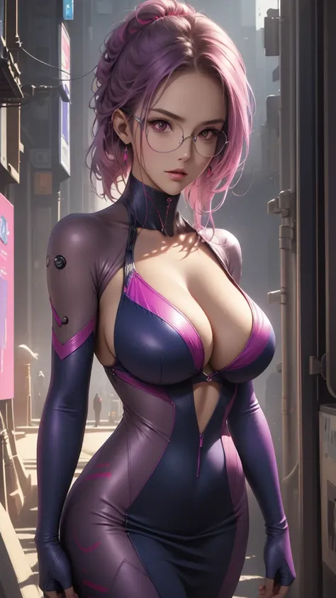 (best quality,4k,8k,highres,masterpiece:1.2),ultra-detailed,(realistic,photorealistic,photo-realistic:1.37),1 cyberpunk mecha japanese girl, neon red eyes, neon blue body, neon purple hair, monochromatic neon red, blue, and purple color palette, surreal, a...