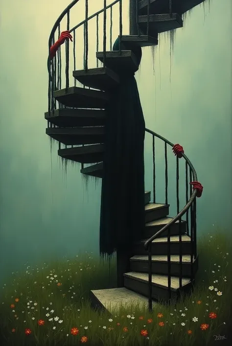 painting,shade red, men&#39;s hands grasp a railing of a spiral staircase rising from a meadow . Large picture of the spiral staircase . In the background the meadow with small flowers. The man is wearing a black robe but cannot be seen