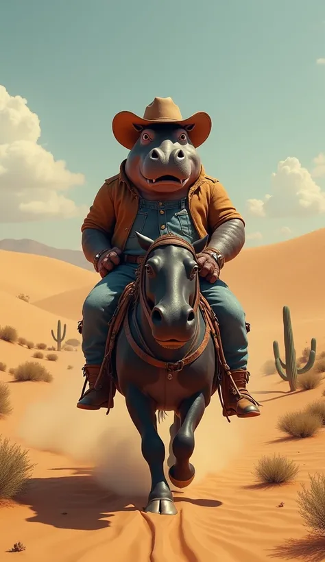 Hippo as a cowboy riding a black horse in dessert