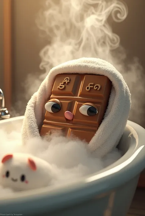 A Twix in an Steam Bath wearing a towel which has „DSF“ printed on it