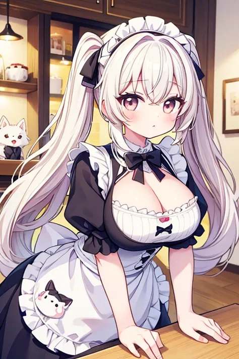 Highest quality,masterpiece,dogcafe,Girl clerk,Maid clothes,(Samoyed 1.3)Large Dogs,Anime Style,cute,Twin tail hair,Sandwich Serving,Large Breasts,