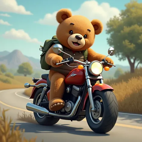 Teddy bear riding a motorcycle and hanging off in a corner, photorealistic, 