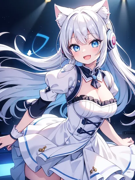 a girl wearing headphones, enjoying music, I cant contain my excitement, cute, white hair, cat ears, blue eyes, (smiling:1.3), (open mouth:1.3), shining, live house, cowboy shot, ultra-detailed, 8k, highres, masterpiece, photorealistic, vivid colors, drama...