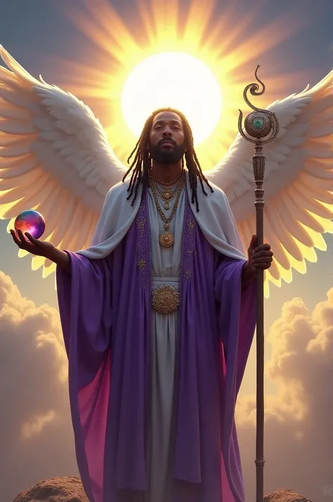 Rasta man in purple robes,white cloak,sun disk halo,white wings, staff in hand and chiball in other hand