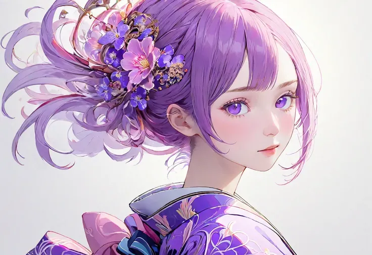 (((White background)))、2、Unity 8k wallpaper、Super detailed、Beautiful and aesthetic、masterpiece、Highest quality、(Fractal Art:1.3)、One Woman、, violet eyes, Beautiful violet hair、Japanese、Big pink、Violet kimono、Japanese..., violet hair, violet eyes, chignon