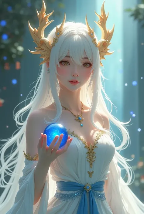 anime girl with a blue and white dress holding a blue ball, onmyoji, onmyoji detailed art, onmyoji portrait, white haired deity, keqing from genshin impact, genshin, from arknights, zhongli from genshin impact, heise jinyao, by Shitao, loong, by Yang J, yu...