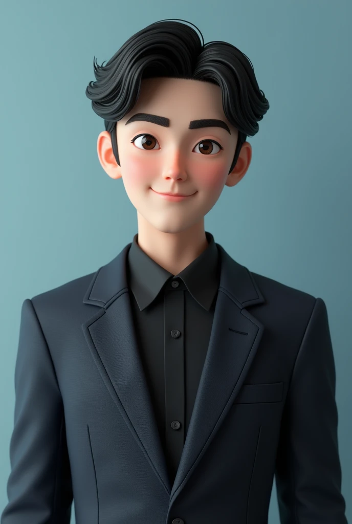 A hyper-realistic depiction of a young man wearing formal attire. He is dressed in a sharp suit layered with a black shirt, with black hair and brown eyes. He is semi smiling while looking directly at the viewer. The background is a soft blue, highlighting...